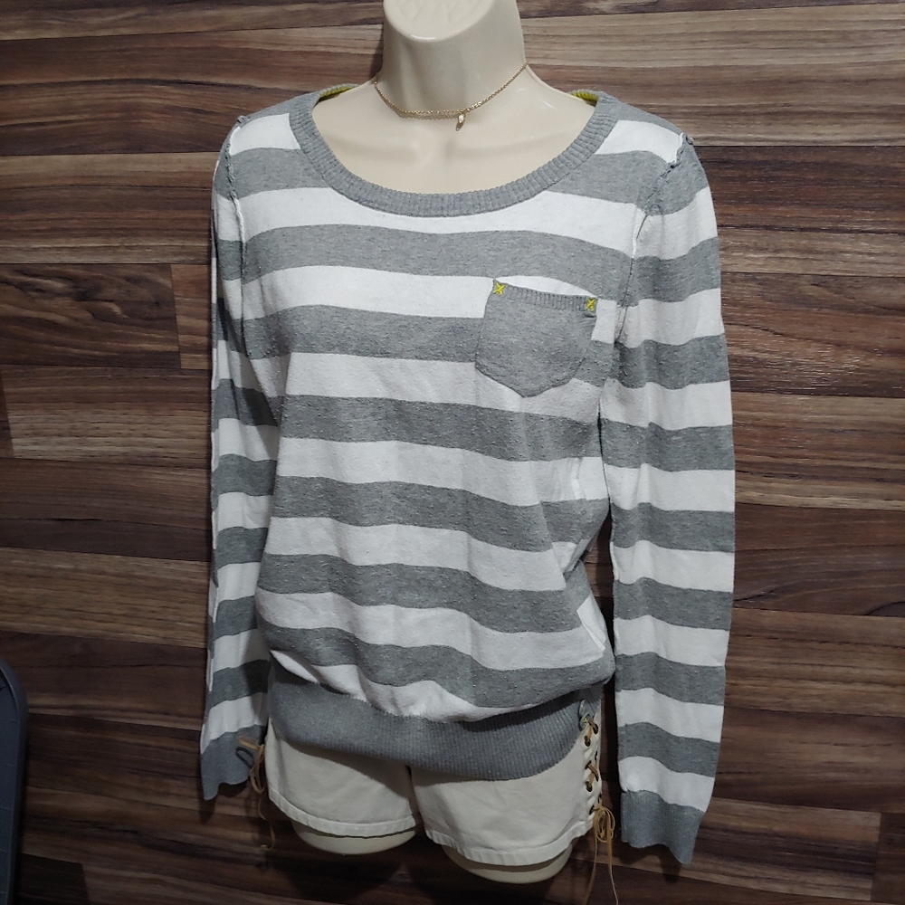(3for$20)  t/o sweaters large gray/white striped long sleeve sweater